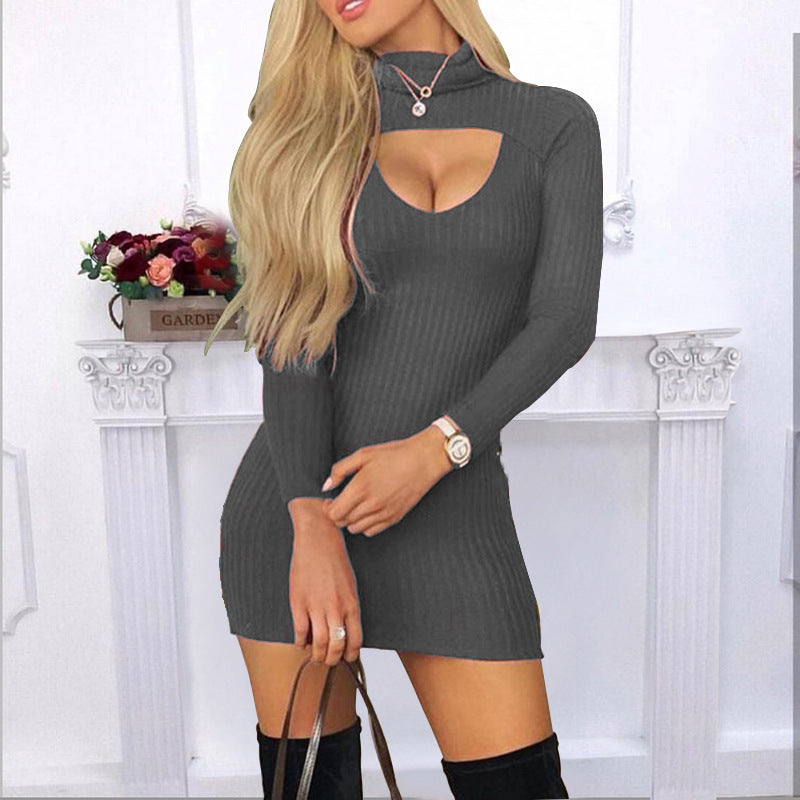 Slim-Fit Turtleneck Long-Sleeve Stripe Dress