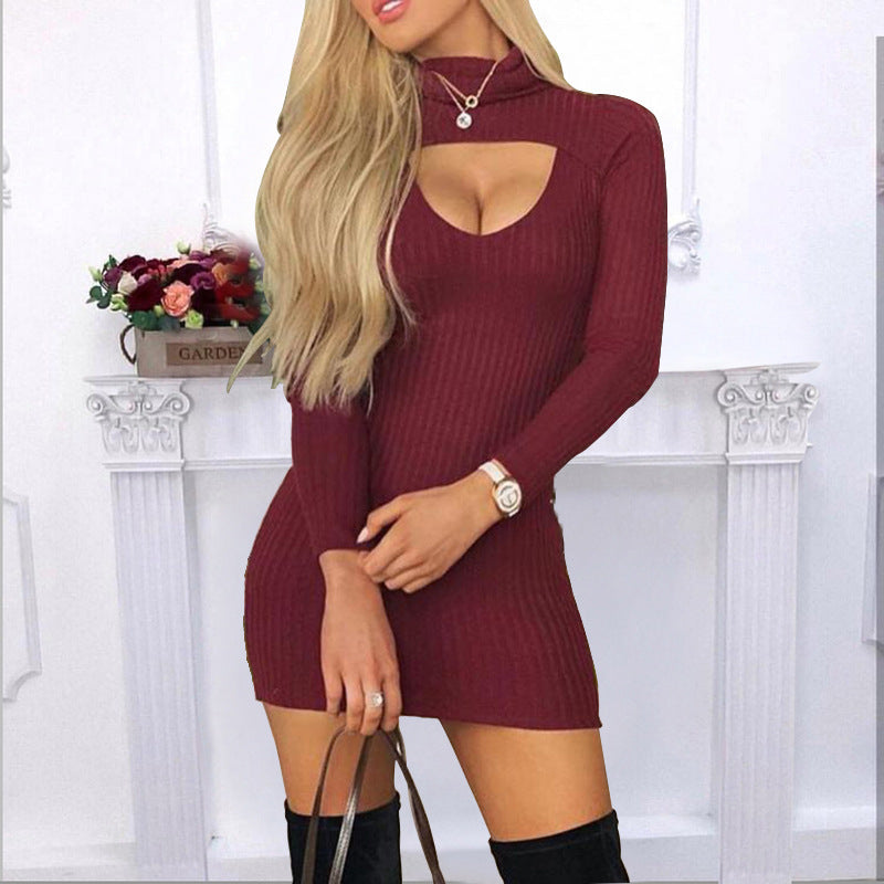 Slim-Fit Turtleneck Long-Sleeve Stripe Dress