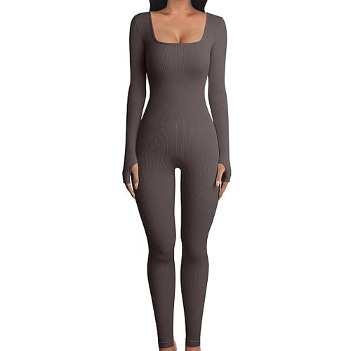 Long-Sleeve Square-Collar Yoga Fitness Jumpsuit