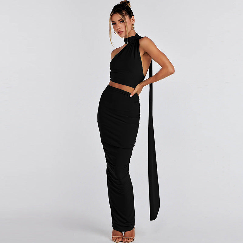 Backless Slim-Fit Pleated Top & Skirt