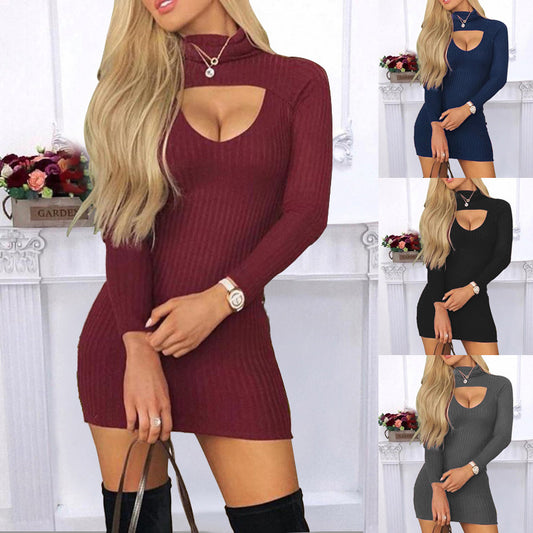 Slim-Fit Turtleneck Long-Sleeve Stripe Dress